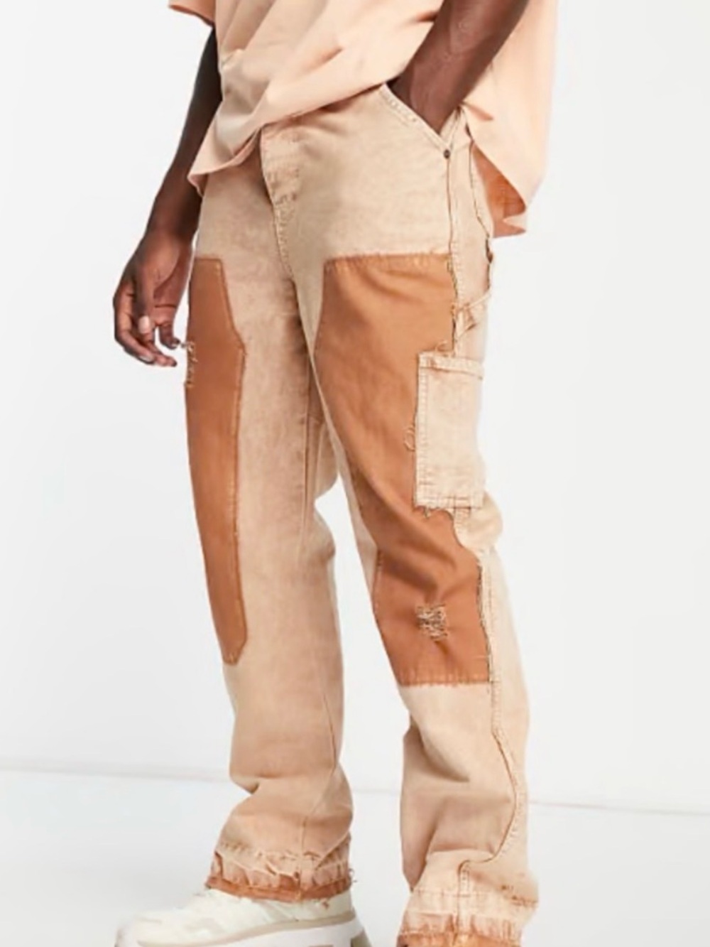 Jaded London distressed denim carpenter jeans in sand with hem insert size 34